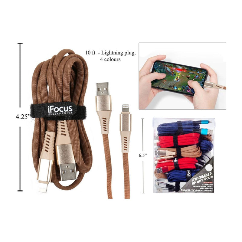iFocus 10ft Lightning plg Data cable 4C, correa de velcro, paquete (HZ)