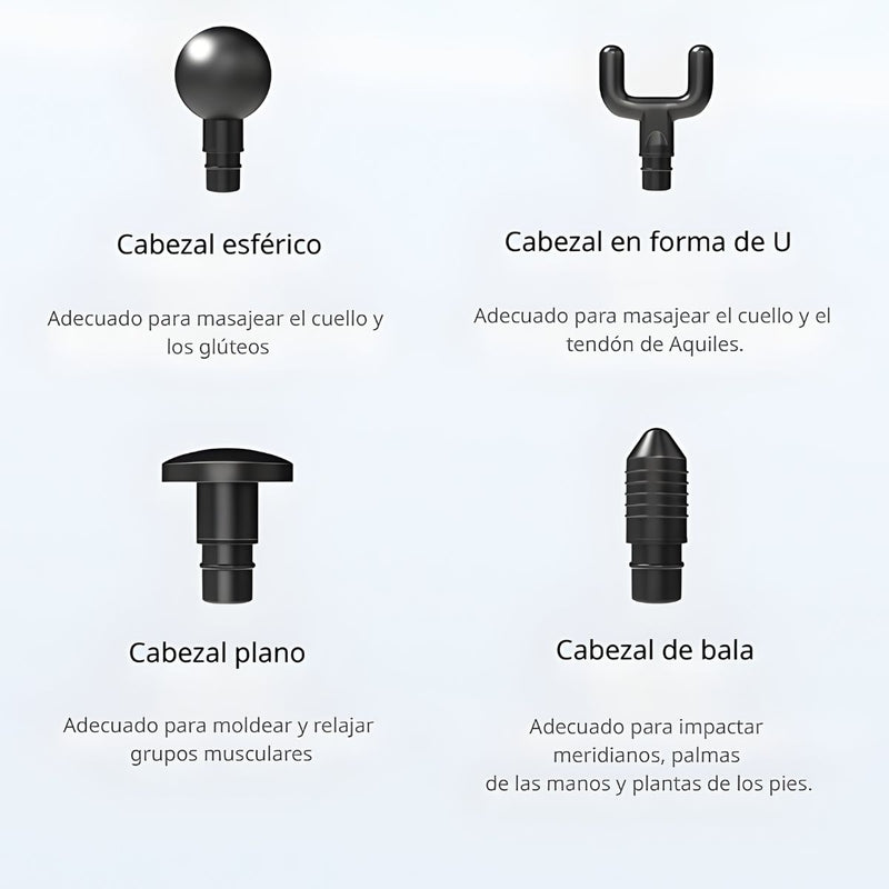 Masajeador portátil con 6 niveles. Pistola de masajes inalámbrica 50W 7.4V. Incluye 4 cabezales.