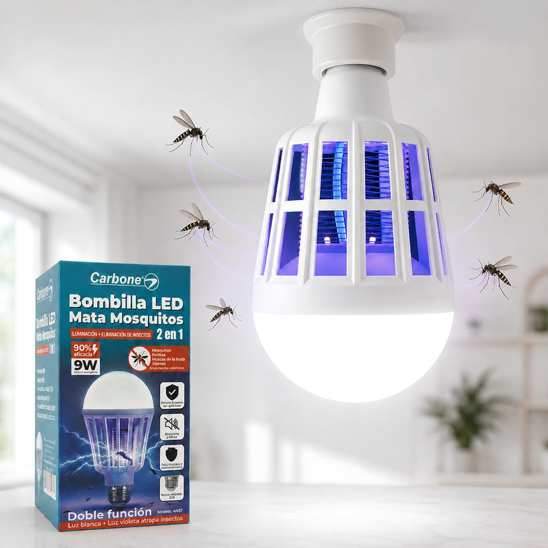 Foco LED Mata Mosquitos E26 9W 110V con Luz + Eliminador UV 2 en 1. Bombillo Mata Insectos con 3 Modos de Uso y Bajo Consumo (15x8cm)