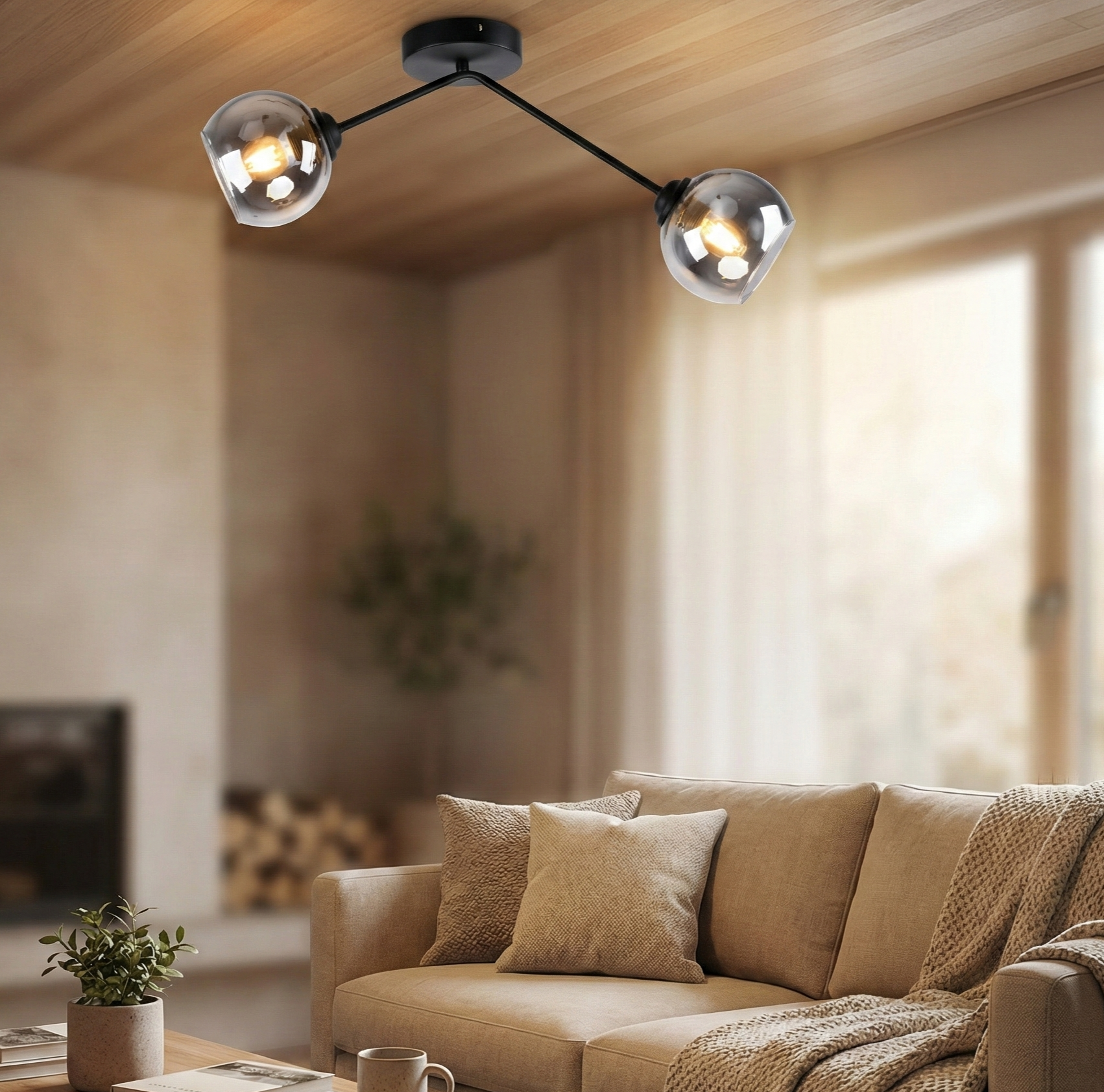 Lámpara de techo negra 2XE27 Iluminación eficiente y versátil. Metal y vidrio de alta calidad.