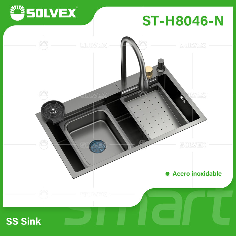 Fregador de Cocina Empotrable con Doble Tina 80x46x22cm. Acero Inoxidable. Color negro. Incluye grifo, escurridor y dispensador
