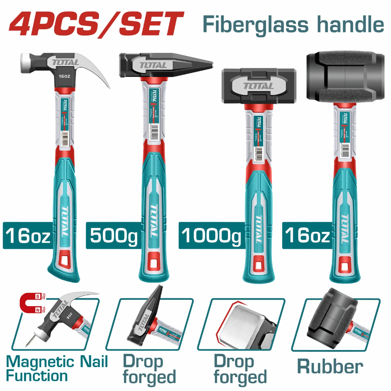 Martillos de Fibra de Vidrio. Diferentes usos. Tratamiento térmico. Set 4 pzas.