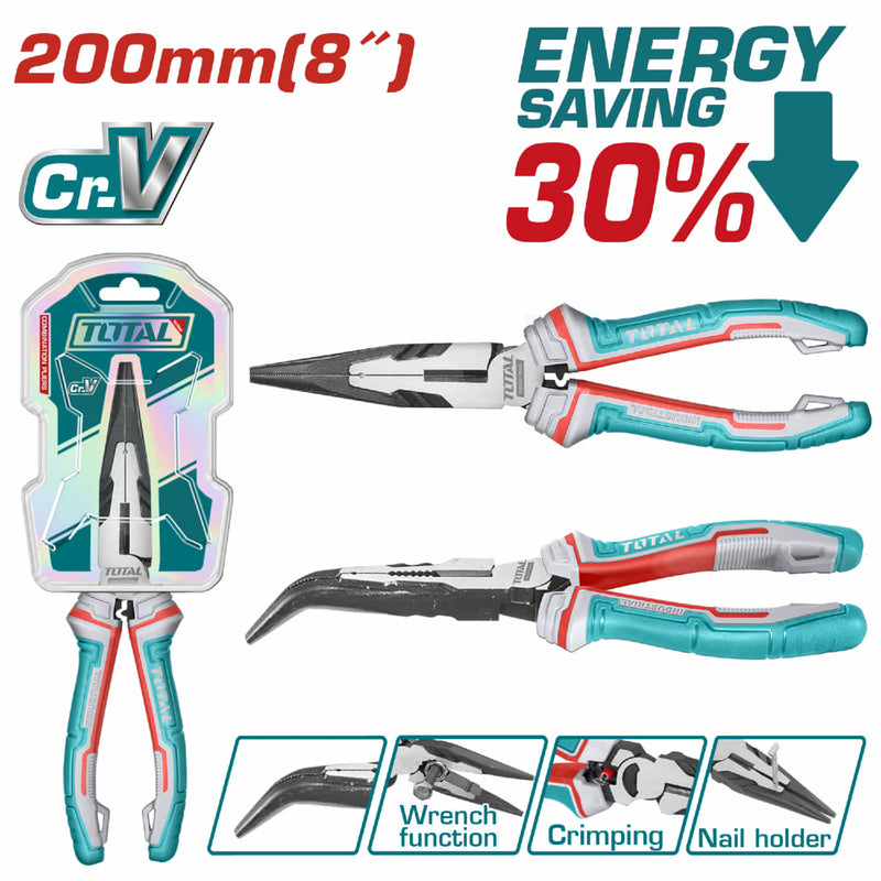 Alicates de punta doblada de alto apalancamiento 8" Ahorro de energía 30% Cr-V. Tratamiento superficial. Acabado negro y pulido. Con función de engarzado, corta uñas y llave inglesa.