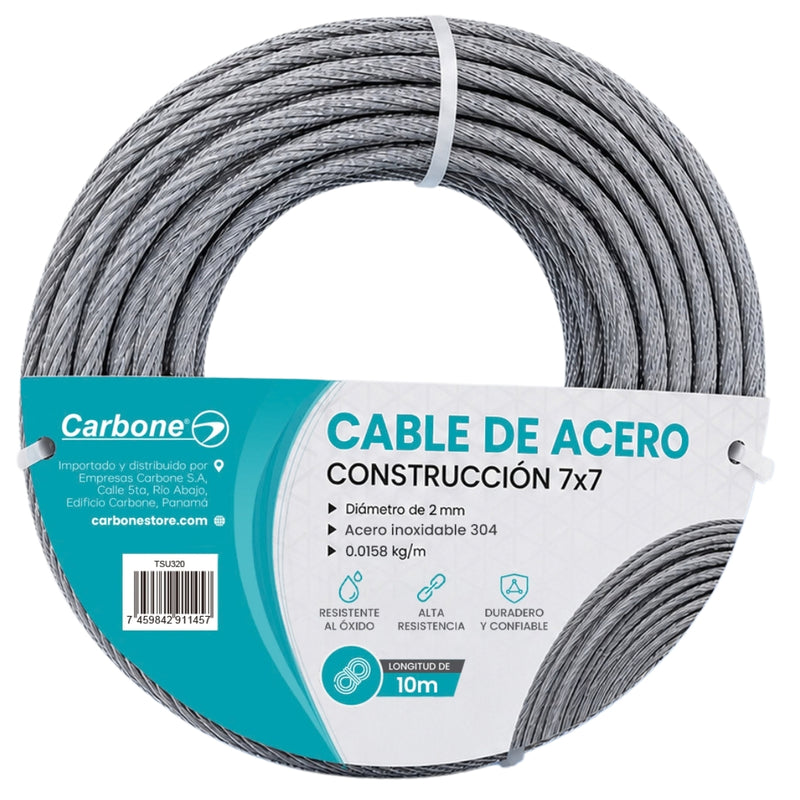 Guaya De Acero Inoxidable 304. Cable Metálico 7x7 de 0.0158 kg/m Para Tensar Y Sujetar (2mmx10m)