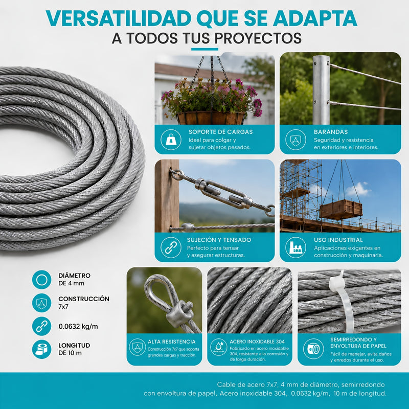 Guaya De Acero Inoxidable 304. Cable Metálico 7x7 de 0.0632 kg/m Para Tensar Y Sujetar (4mmx10m)
