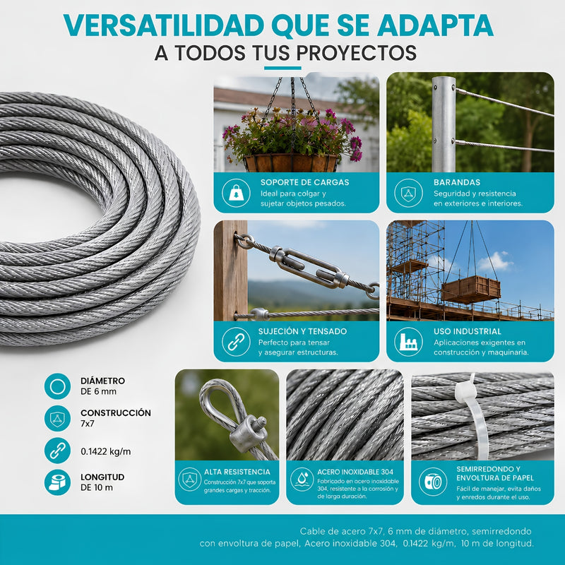 Guaya De Acero Inoxidable 304. Cable Metálico 7x7 de 0.1422 kg/m Para Tensar Y Sujetar (6mmx10m)