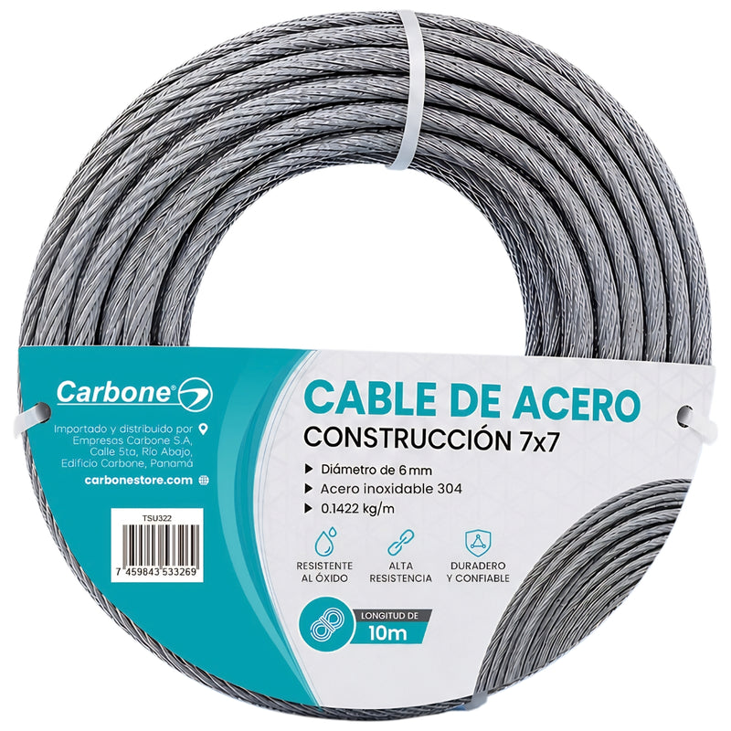 Guaya De Acero Inoxidable 304. Cable Metálico 7x7 de 0.1422 kg/m Para Tensar Y Sujetar (6mmx10m)