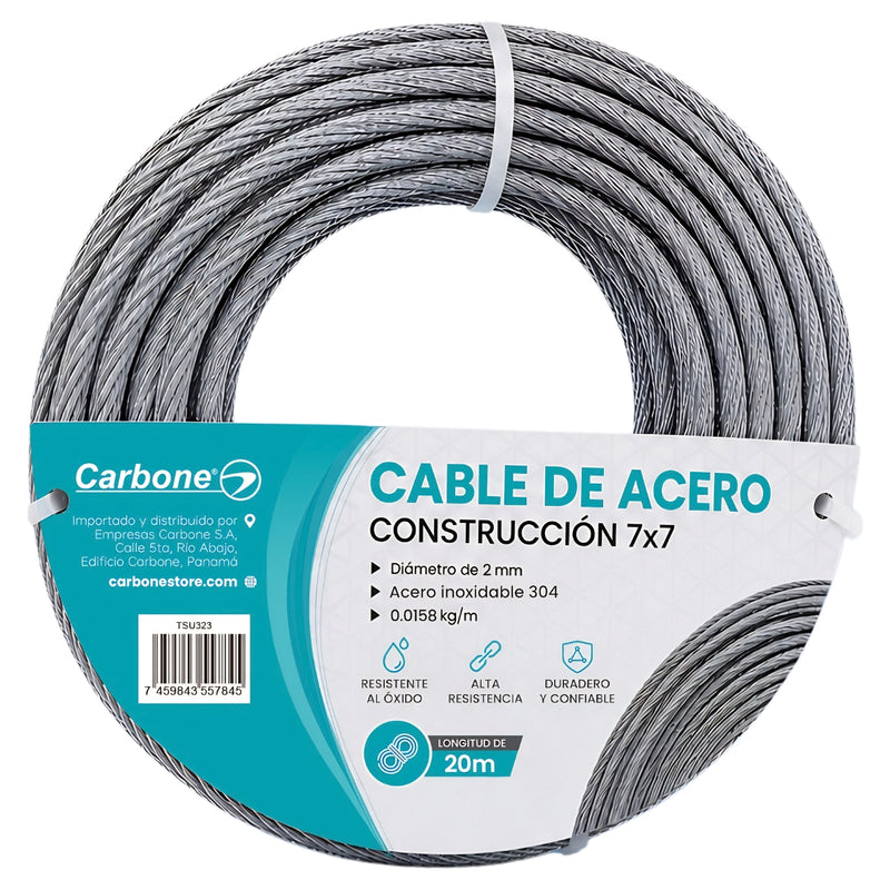 Guaya De Acero Inoxidable 304. Cable Metálico 7x7 de 0.0158 kg/m Para Tensar Y Sujetar (2mmx20m)