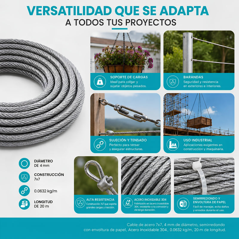Guaya De Acero Inoxidable 304. Cable Metálico 7x7 de 0.0632 kg/m Para Tensar Y Sujetar (4mmx20m)