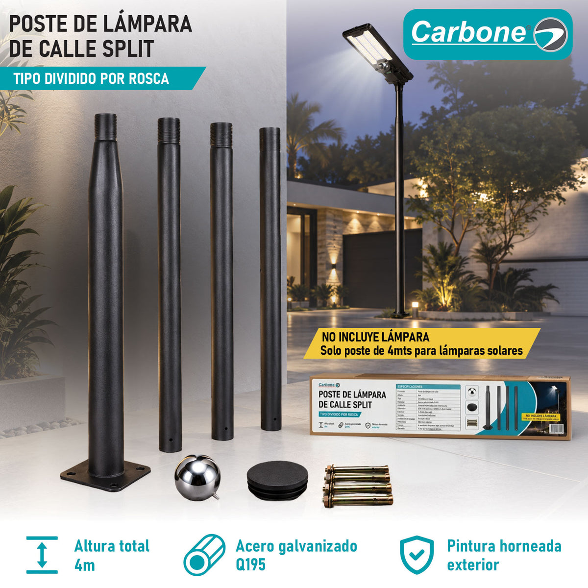 Poste Para Lámpara Solar De Calle Tipo Split De 4 Metros En Acero Galvanizado Q195 Con Rosca Para Alumbrado Exterior (No Incluye Lámpara)