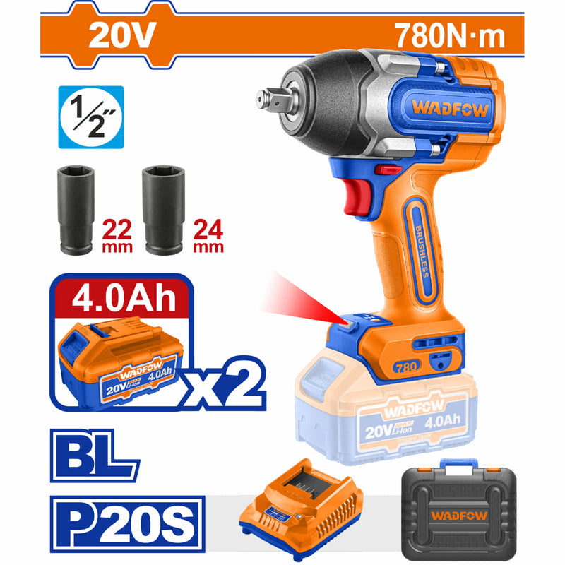 Llave Impacto Dado Cuadrado 1/2" 20V 780Nm. Motor sin escobillas. Incluye Batería 4.0Ah y cargador.