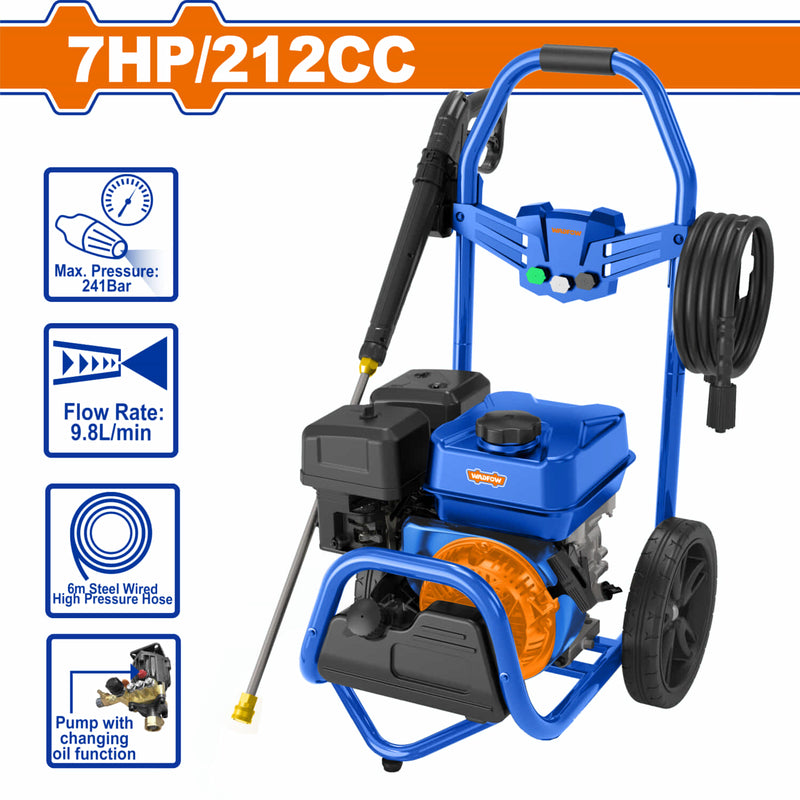 Hidrolavadora a Gasolina Presión 241Bar. 7HP. Caudal Max 10.3L/min. Caudal 9.8L/min Manguera 6mm Función cambio de aceite.
