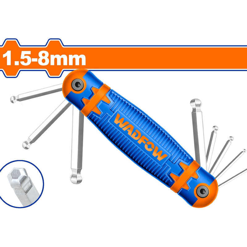 Llave allen Hex de bola. Estilo navaja 1.5-8mm. Tratamiento térmico y placa cromada. Cr-V (8 pzas.)