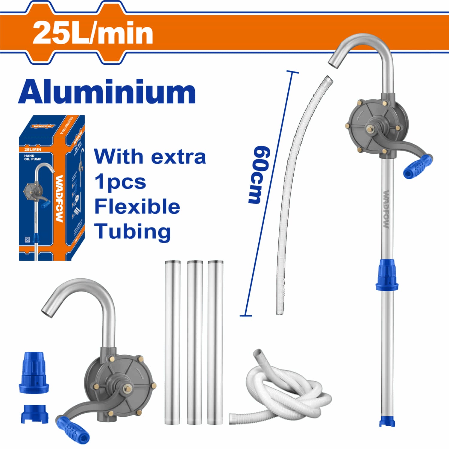 Bomba de Aceite Manual de aluminio. Tasa de bombeo 25L/min. Long.127cm Incluye tubo flexible.