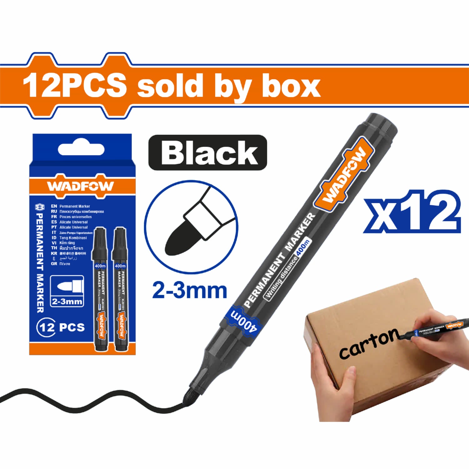 Marcadores Permanentes punta 2-3mm Negro Set 12 pzas. Múltiples superficies. Rotulador Piloto Plumon