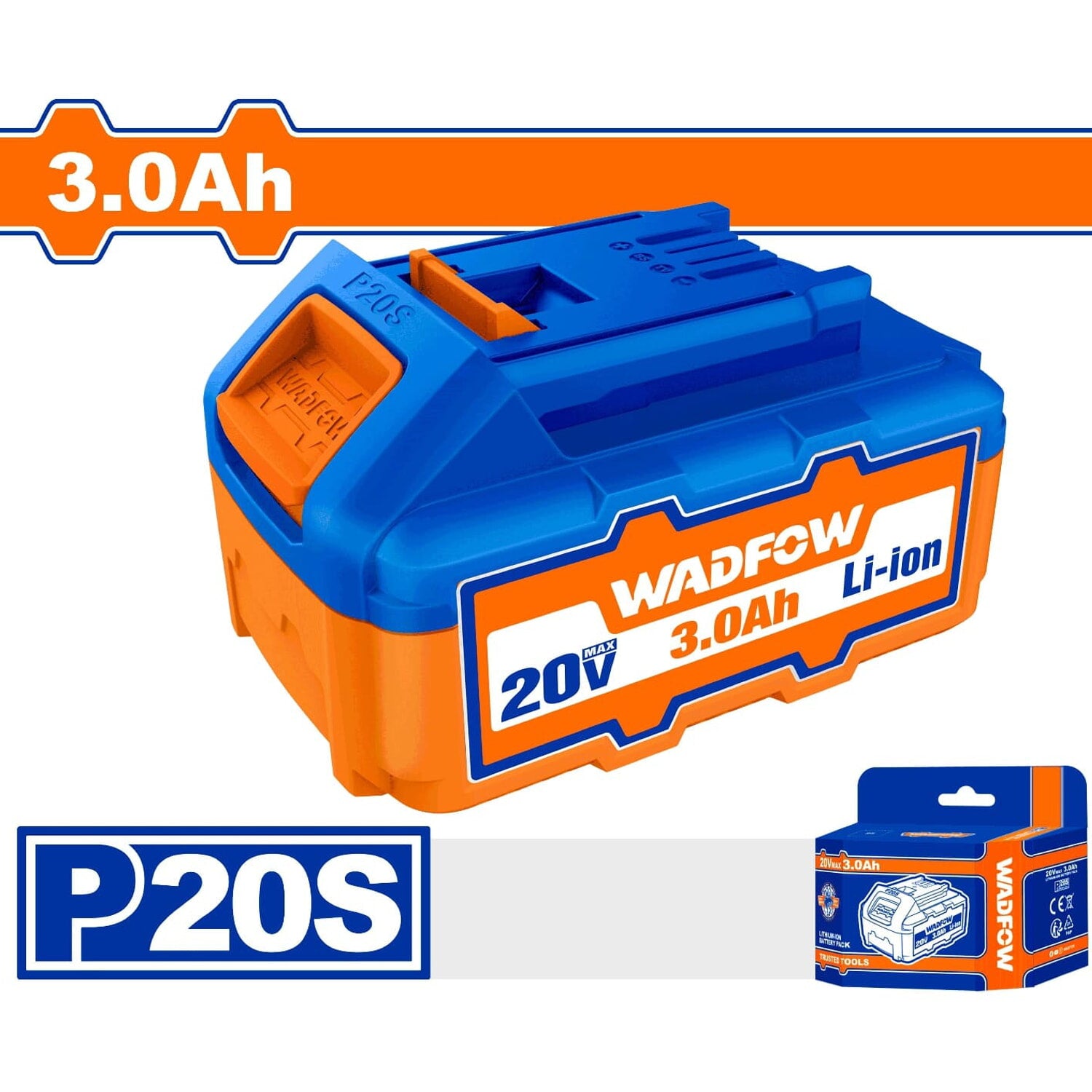 Batería de 20V wadfow. Litio 3.0 Ah. Indicador LED. Compatible con herramientas inalámbricas P20S