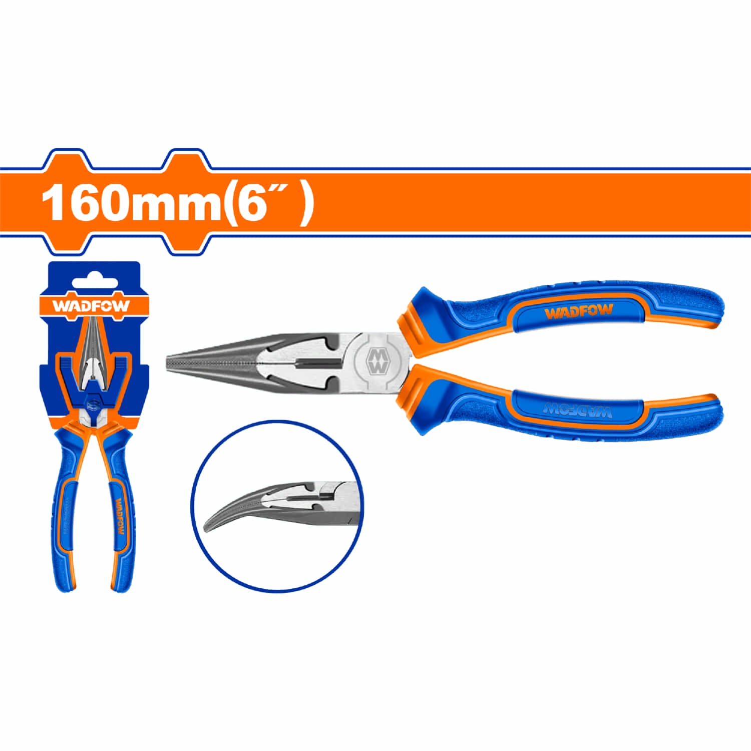 Alicate de punta doblada 6"  Pulido y antióxido. Con mango de dos colores.