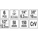 Adaptador Socket vástago hexagonal extensión Juego 6 pcs 1/4", 3/8" y 1/2" 50 y150 mm largo