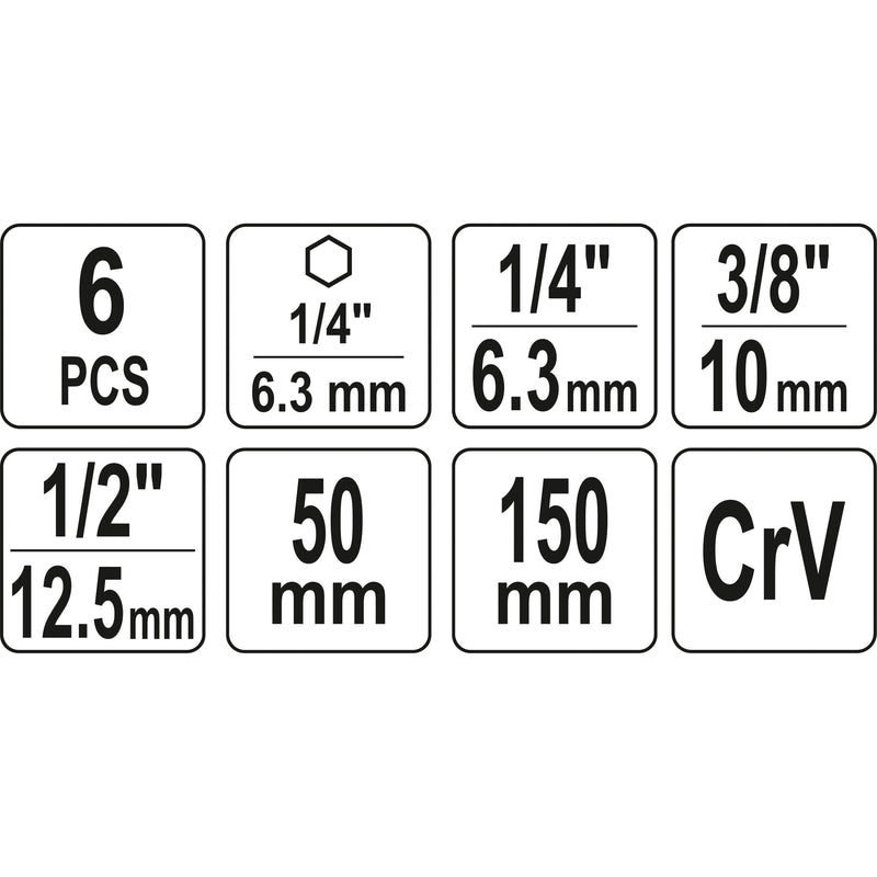 Adaptador Socket vástago hexagonal extensión Juego 6 pcs 1/4", 3/8" y 1/2" 50 y150 mm largo