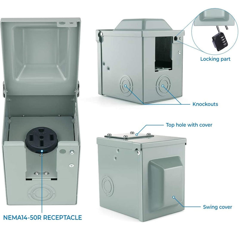Caja tomacorriente NEMA 14-50R 50 amperios, 125/250V, con tapa para exteriores para autos eléctricos