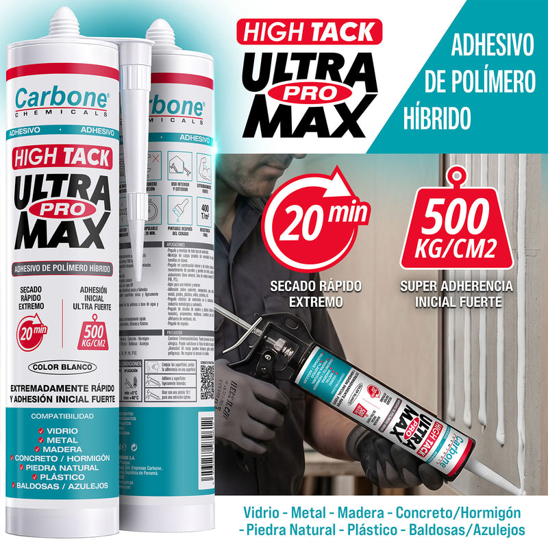 High Tack CARBONE ULTRA PROMAX Agarre inicial INMEDIATO 500 kg/m2 Viscosidad adherencia y resistencia alta BLANCO 290ml.