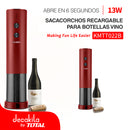 Sacacorchos recargable para botellas vino 13W. Abre en 6 segundos. Cable USB-C. Batería de Litio.