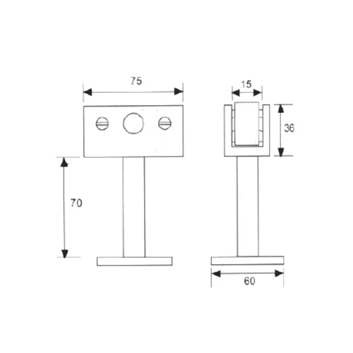 Clip de vidrio con barra separado del muro 7 cm. Para vidrios 10-12mm. Con tapa decorativa.sat