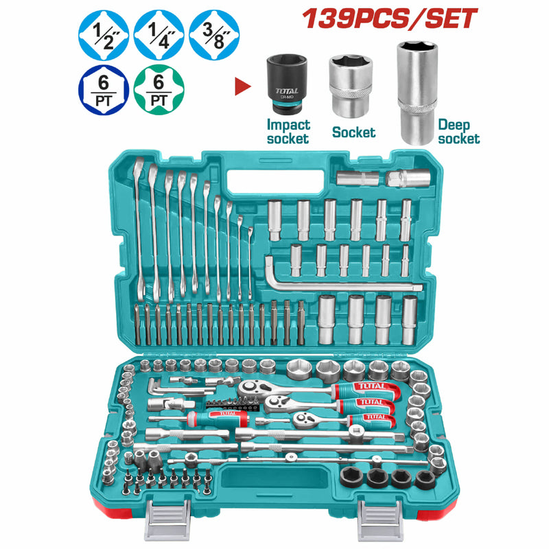 Sockets Dados 139 Piezas Variadas En Maletín. (Llaves, Barras, Adaptador, Mangos) En Juego Kit 1/4", 3/8" Y 1/2".