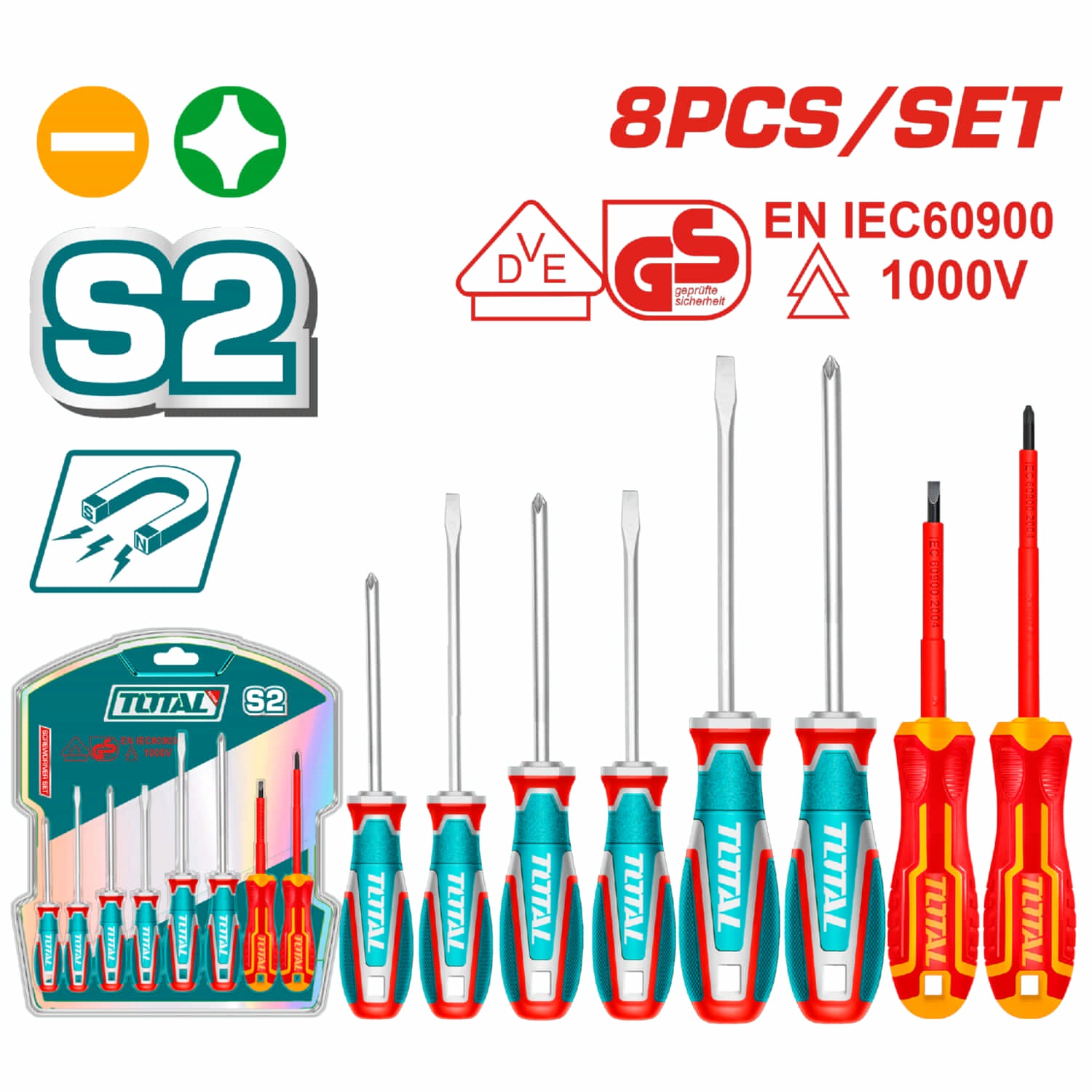 Destornilladores PH, SL, S2 Cr-V (6 piezas) y Destornilladores Aislados 1000V, VDE+GS (2 piezas) Vástago redondo. Magnético.