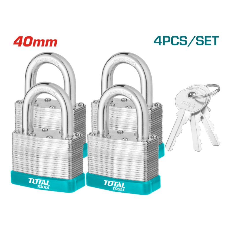 Candados laminados cortos 40mm. Set de 4  Carcasa ABS. Cilindro de latón. Incluye 3 llaves.