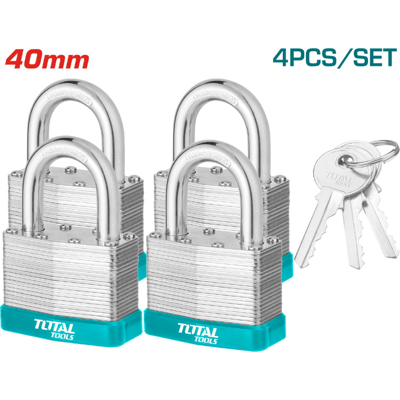 Candados laminados cortos 40mm. Set de 4  Carcasa ABS. Cilindro de latón. Incluye 3 llaves.