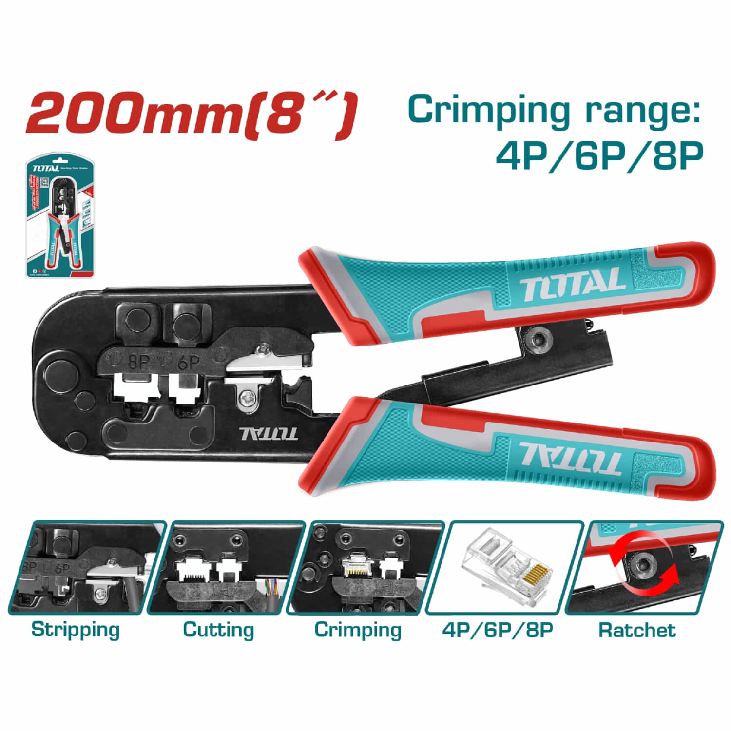 Crimpadora electricidad de Enchufe Modular 8" Rango de 4P,6P,8P Tres funciones Engarzado, pelado, corte. Mango PVC. Pinza Crimpadora cables electricos