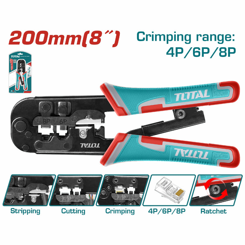 Crimpadora electricidad de Enchufe Modular 8" Rango de 4P,6P,8P Tres funciones Engarzado, pelado, corte. Mango PVC. Pinza Crimpadora cables electricos