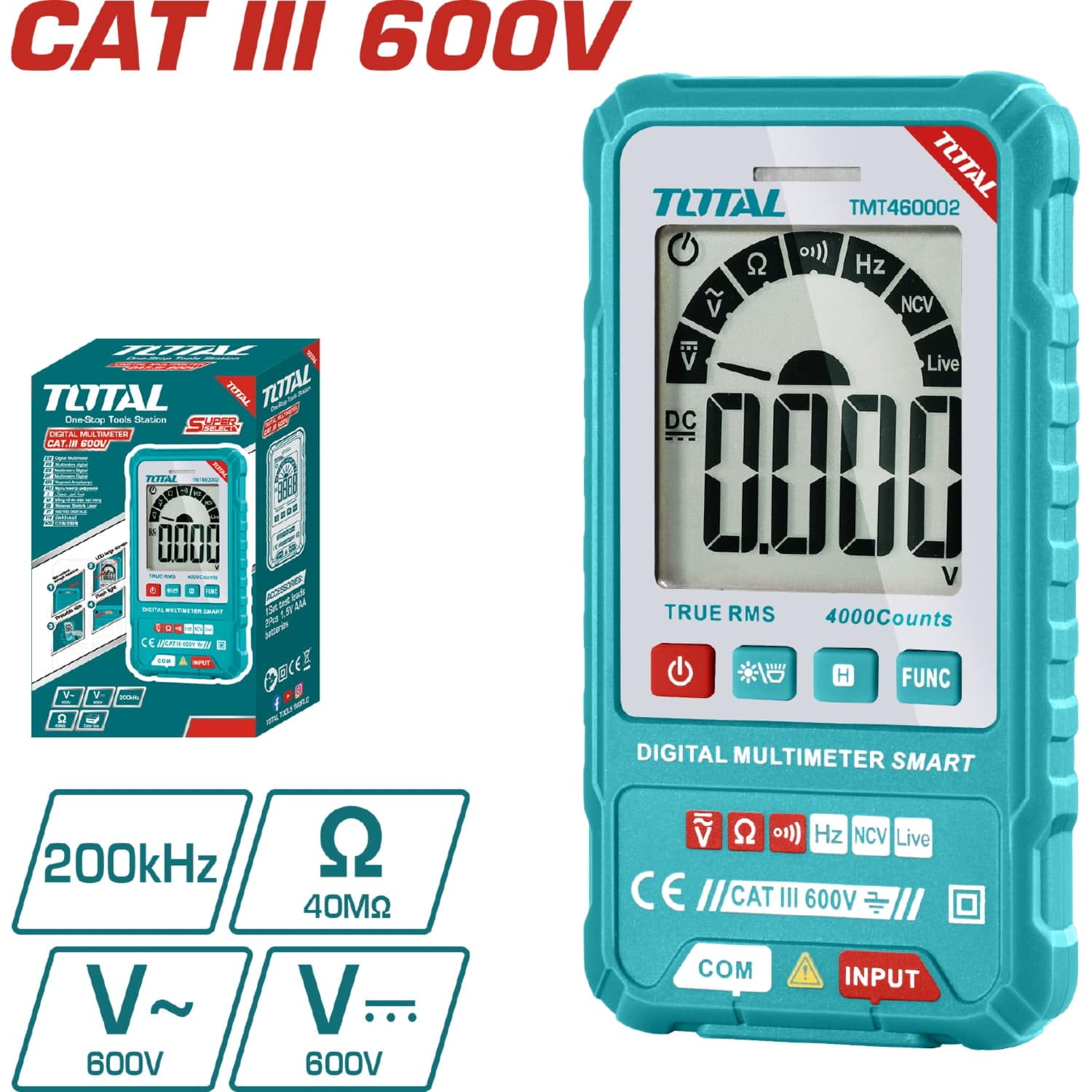 Multímetro Digital TOTAL SMART 600V Función (AC/DC Voltaje, Resistencia Y Frecuencia)