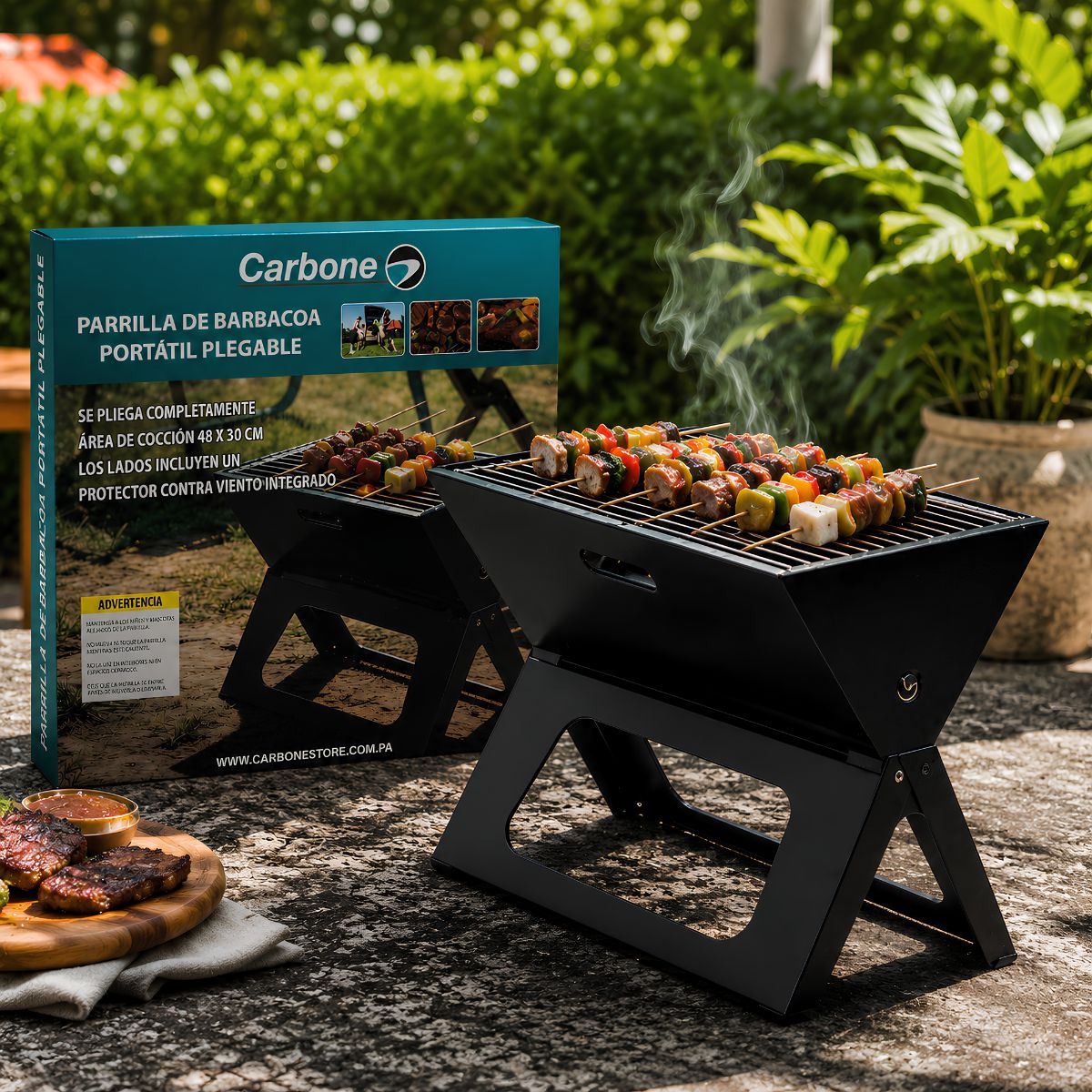 Parrillera portátil de carbón 46x30x40cm plegable hierro con estante inferior. Asador de Carbón