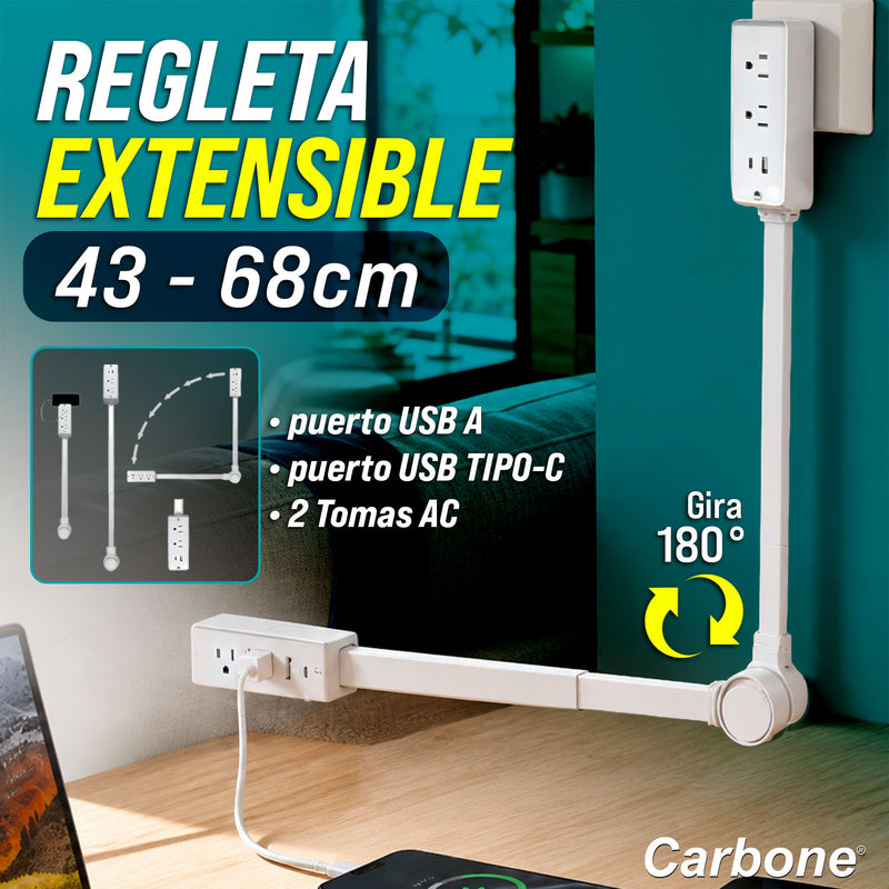 Enchufe regleta extensible de 43 a 68 cm. Con puerto USB y Tipo-C.