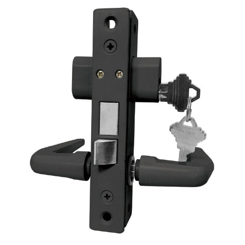 Set cerradura pestillo perfil angosto con manija. Negro., llave ambos lados , 2 llaves, placa decora