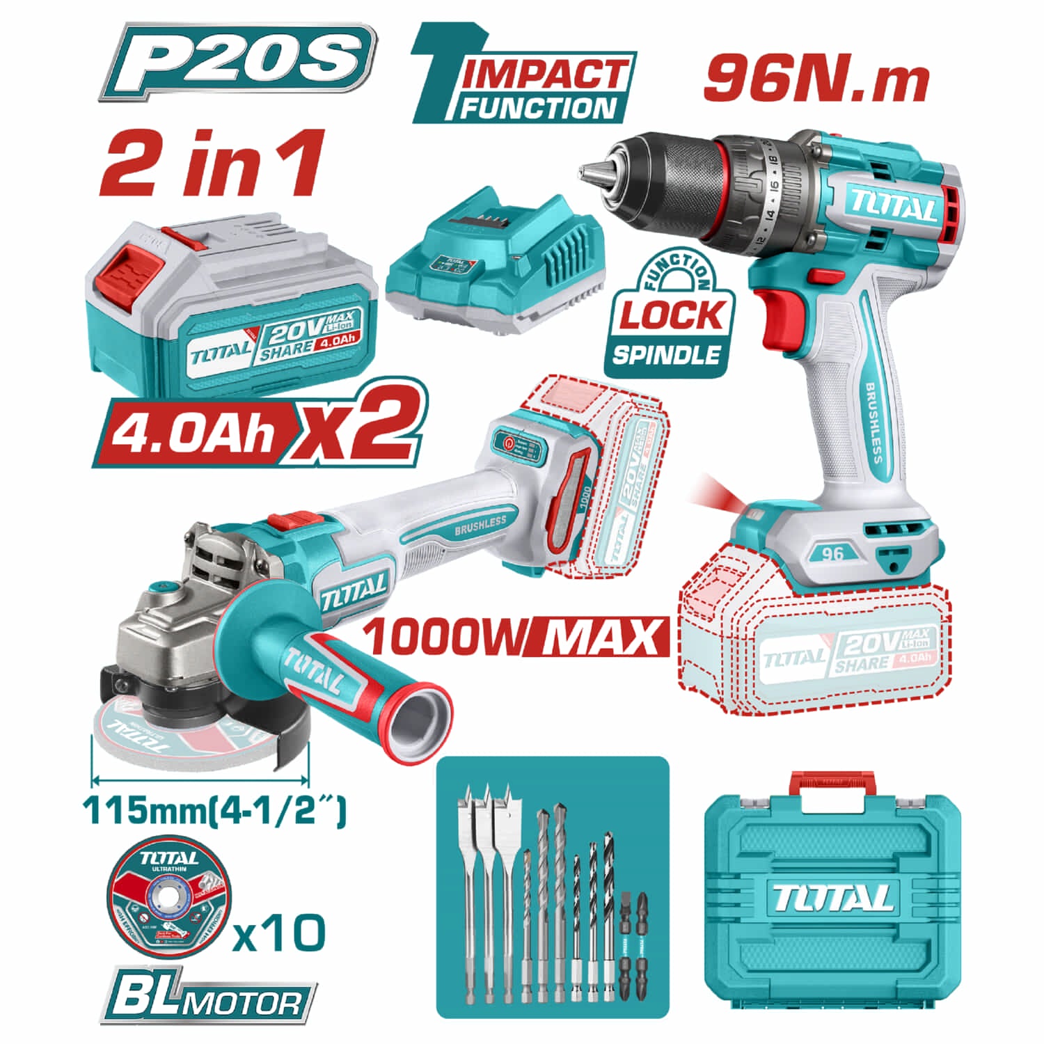 Combo del mes Total Esmeril angular 20V Motor sin escobillas 4-1/2". Taladro Compacto motor sin escobillas 20V 96Nm. Batería , Cargador y accesorios. POCAS UNIDADES