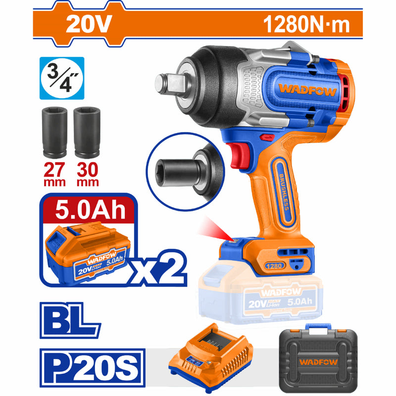 Llave Impacto Dado Cuadrado 3/4" 20V 1280Nm. Motor sin escobillas. Incluye Batería, cargador y maletín.