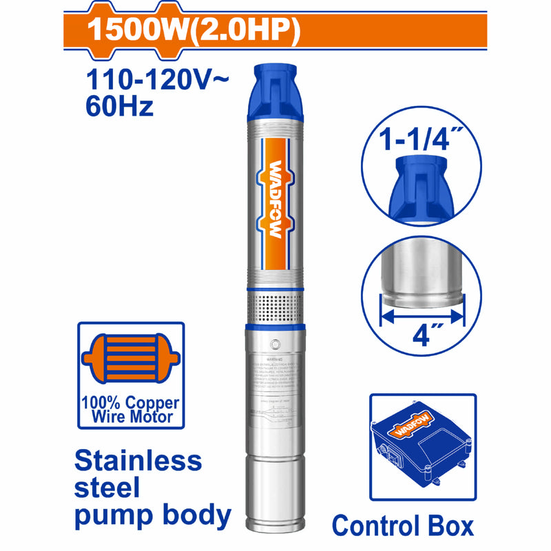 Bomba de pozo profundo cuerpo de 4" de acero inoxidable 2Hp 1500W 110-120V~60Hz 135m de altura 6.7 m³/h Diámetro 1-1/4" Motor con cable de acero. Control con enchufe.