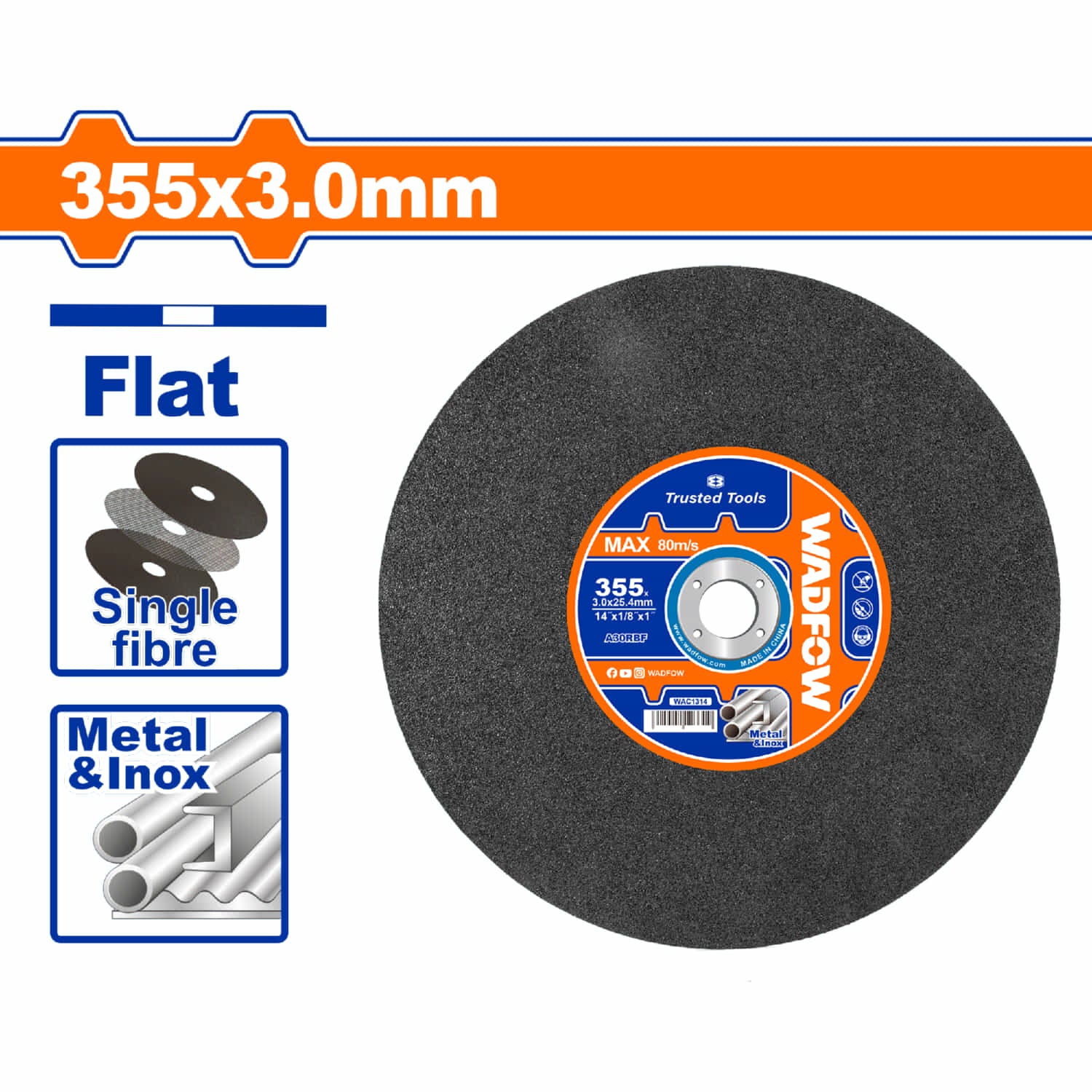 Disco Corte de Metal y Acero Inoxidable 14" 335x3.0mm. Tronzadora Plano. RPM:4400r/min