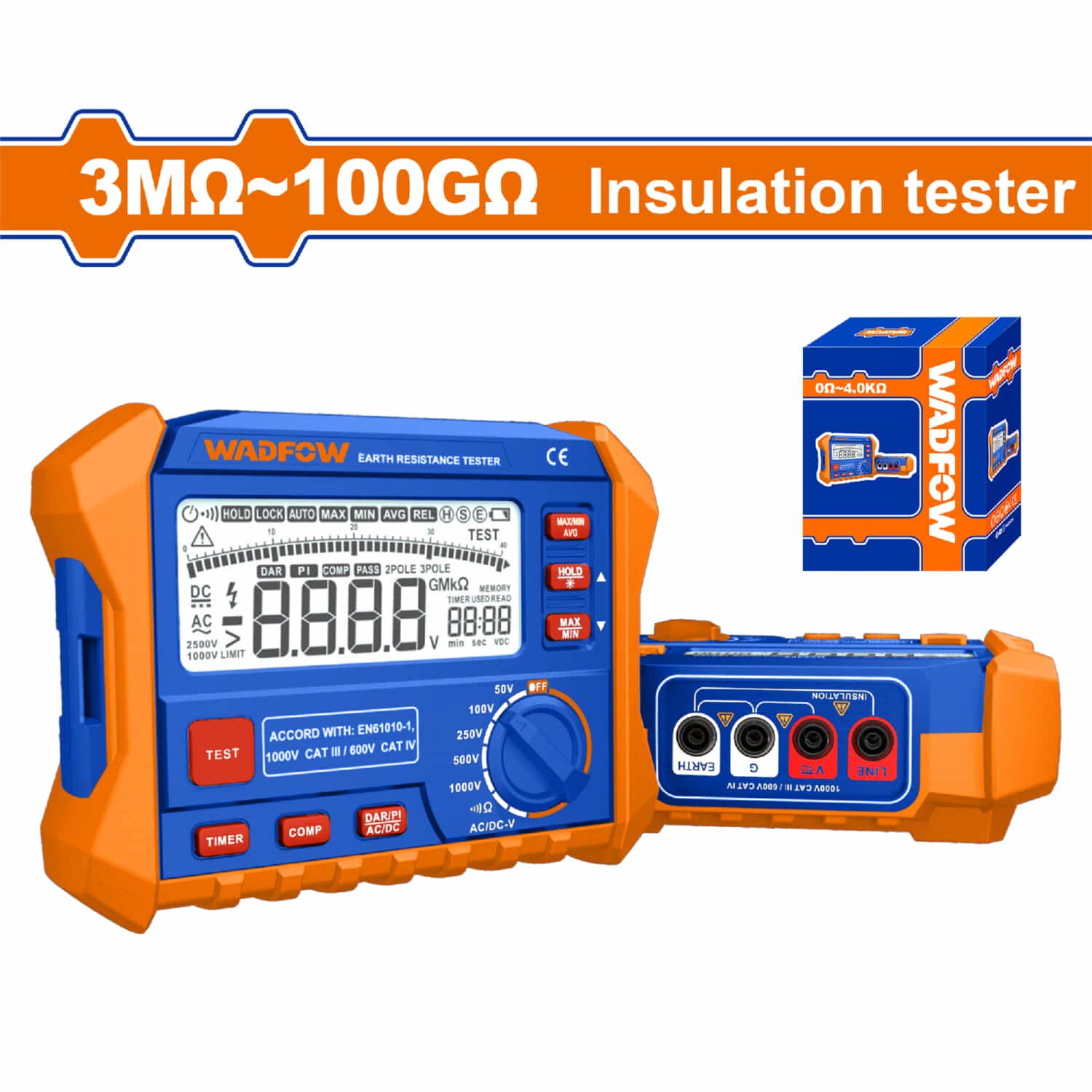Probador de aislamiento DCV y ACV 50V-1000V Apagado automático Medidor de aislamiento.