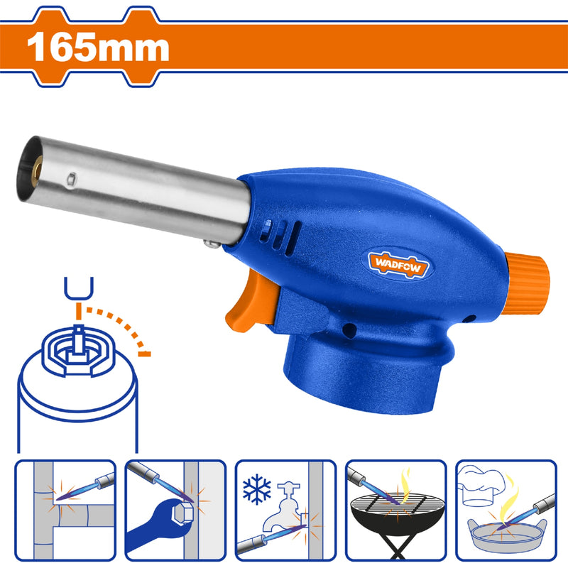 Soplete a Gas Butano 165mm. Encendido automático.Consumo de gas 80g/h. Uso doméstico. No trae gas. Antorcha