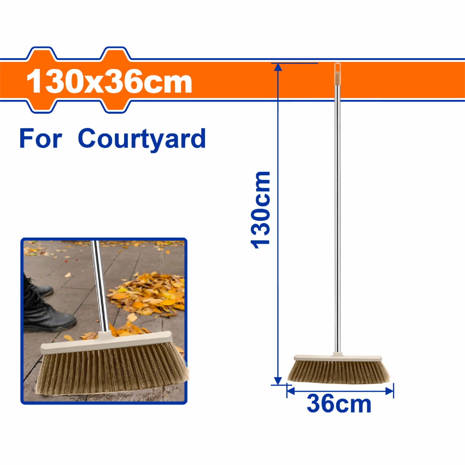Cepillo escoba para patio y jardín 130x36cm tubo de acero inoxidable y agarre cómodo. Escoba exteriores.