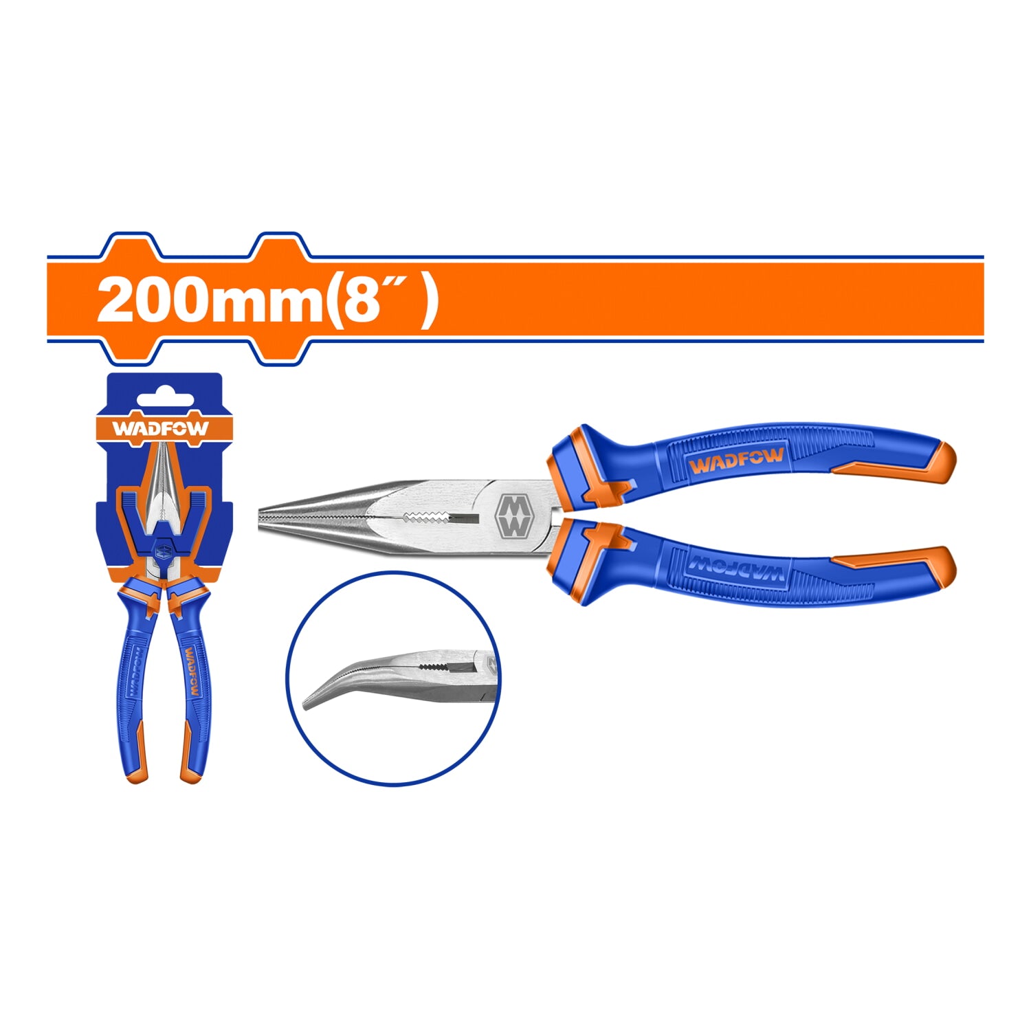 Alicate de punta doblada 200mm(8"). Acero al carbono. Pulido. Mango cómodo.