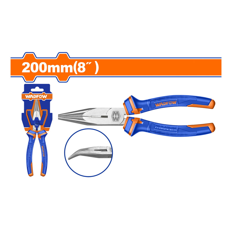 Alicate de punta doblada 200mm(8"). Acero al carbono. Pulido. Mango cómodo.
