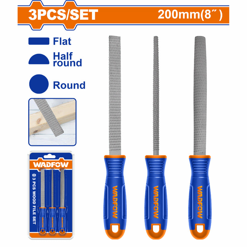 Limas para madera. Plana, redonda y media caña. Largo 8"mm. Acero T12. Set 3 pzas.