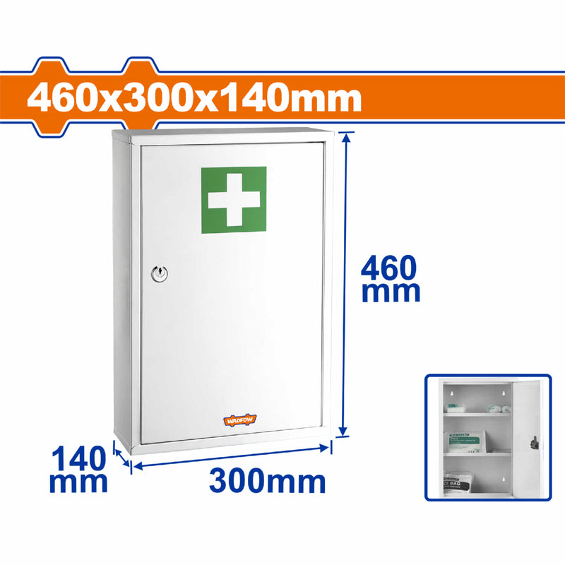 Caja Botiquín de primeros auxilios. Dimensiones externas (H*A*P): 18"x12"x5.5" (46x30x14cm) Espacio de almacenamiento: Gabinete de medicinas cuadrado con 3 compartimentos de pared.