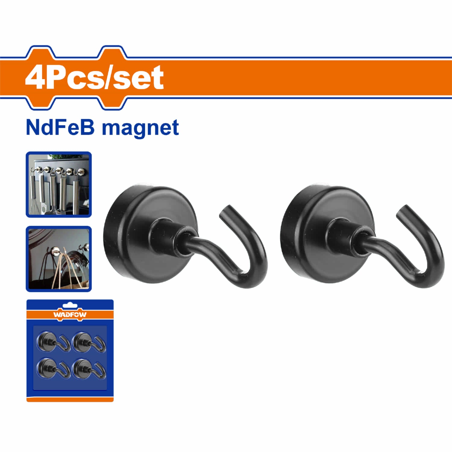 Ganchos magnéticos para colgar Imanes de neodimio (NdFeB) súper fuertes. Diámetro 20mm. Fuerza magnética: 3kg Tratamiento niquelado negro. Set de 4 piezas. Colgador. Organizador.