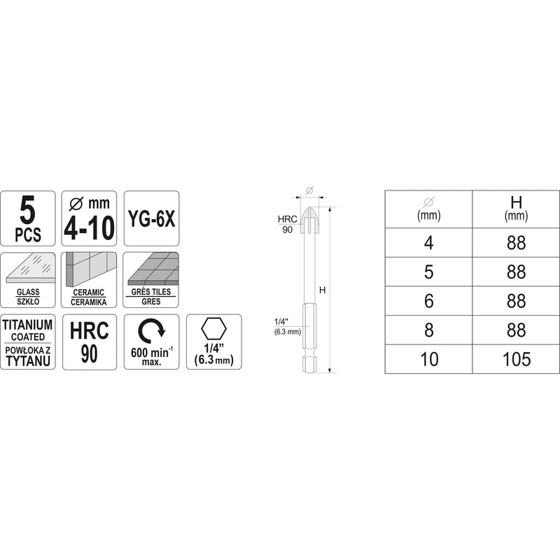 Broca punta flecha para vidrio y porcelanatos 5PCS 4-10MM HEX